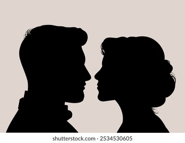 Beautiful wedding couple silhouette portrait, love, black outline, vector illustration, bride and groom