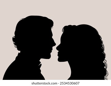 Beautiful wedding couple silhouette portrait, love, black outline, vector illustration, bride and groom