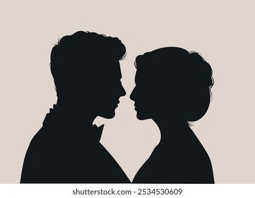 Beautiful wedding couple silhouette portrait, love, black outline, vector illustration, bride and groom