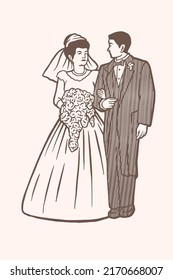 Beautiful wedding couple - Vector illustration - Out line