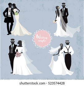 Beautiful wedding couples in silhouette, Vintage background