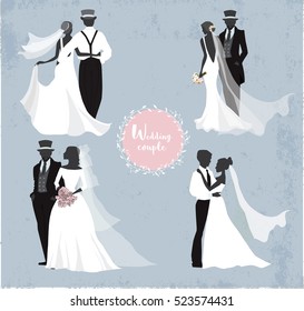 Beautiful wedding couples in silhouette, Vintage background