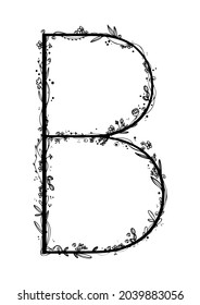 Beautiful wedding decor letters. Designer hand drawn element with floral decoration. Isolated on white black silhouette of letter B with plants, buds, roses, dots, lines, pretzels.