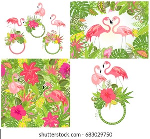 Beautiful wedding design and wallpaper with exotic flowers, tropical leaves and pink flamingo