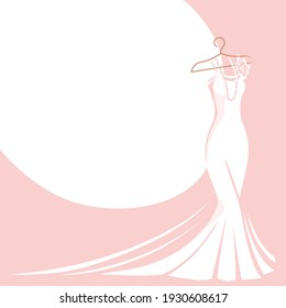 A beautiful wedding dress decorated with flowers hangs on a hanger. Beauty and fashion. Background vector illustration template.