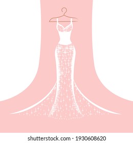 A beautiful wedding dress decorated with flowers hangs on a hanger. Beauty and fashion. Background vector illustration template.