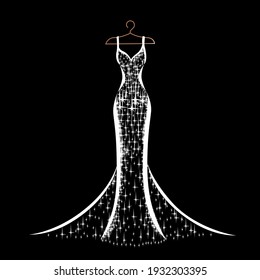 A beautiful wedding dress hangs on a hanger. Beauty and fashion. Background vector illustration template for invitation or card.