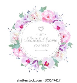 Beautiful wedding floral vector design frame. Pink and white peony, purple orchid, violet campanula flowers. Colorful botany objects. All elements are isolated and editable.