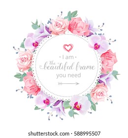 Beautiful wedding floral vector design frame. Purple orchid, violet campanula, bell flower, rose, carnation, eucalyptus leaves and blue berries. All elements are isolated and editable.