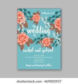 Beautiful wedding floral vector invitation sample. Card design frame template. Rose, daisy, red peony, pink and green hydrangea, camellia, carnation, pink flowers, eucalyptus leaves.