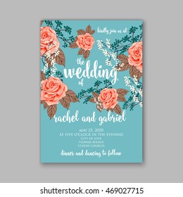 Beautiful wedding floral vector invitation sample. Card design frame template. Rose, daisy, red peony, pink and green hydrangea, camellia, carnation, pink flowers, eucalyptus leaves.