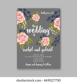 Beautiful wedding floral vector invitation sample. Card design frame template. Rose, daisy, red peony, pink and green hydrangea, camellia, carnation, pink flowers, eucalyptus leaves.