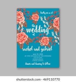 Beautiful wedding floral vector invitation sample. Card design frame template. Rose, daisy, red peony, pink and green hydrangea, camellia, carnation, pink flowers, eucalyptus leaves.