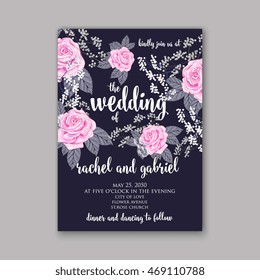 Beautiful wedding floral vector invitation sample. Card design frame template. Rose, daisy, red peony, pink and green hydrangea, camellia, carnation, pink flowers, eucalyptus leaves.