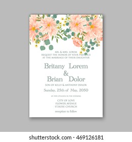 Beautiful wedding floral vector invitation sample. Card design frame template. Rose, daisy, red peony, pink and green hydrangea, camellia, carnation, pink flowers, eucalyptus leaves.