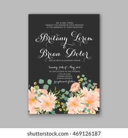 Beautiful wedding floral vector invitation sample. Card design frame template. Rose, daisy, red peony, pink and green hydrangea, camellia, carnation, pink flowers, eucalyptus leaves.