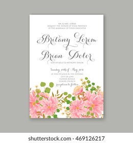 Beautiful wedding floral vector invitation sample. Card design frame template. Rose, daisy, red peony, pink and green hydrangea, camellia, carnation, pink flowers, eucalyptus leaves.