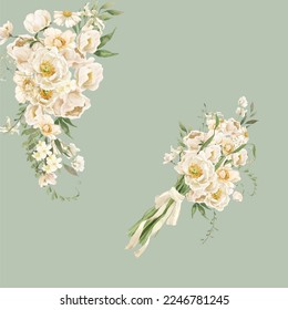 Beautiful wedding flowers on cool light green background; for wrappers, wallpapers, postcards, greeting cards, wedding invites, romantic events.