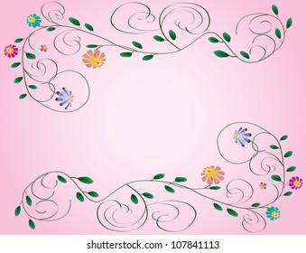 Beautiful wedding frame from flowers and curls on pink color background illustration background