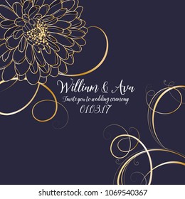 Beautiful wedding invitation. Abstract floral background with golden hand-drawing flower dahlias.