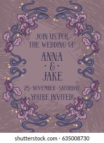 Beautiful wedding invitation in art nouveau retro style, irises floral frame in lilac colors, vector illustration