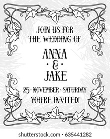 Beautiful wedding invitation in art nouveau retro style, floral frame, vector illustration