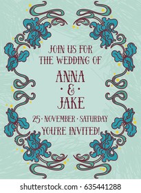 Beautiful wedding invitation in art nouveau retro style, irises floral frame, vector illustration