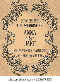 Beautiful wedding invitation in art nouveau retro style, irises floral frame, vector illustration