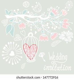 Beautiful wedding invitation with blossom branch. Bright illustration, can be used as creating card, invitation card for wedding,birthday and other holiday and cute summer background.
