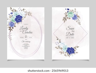 Beautiful wedding invitation with blue roses watercolor. Illustrator and designer. Wedding Invites, save the date, Birthday Invites, Video Invites, E-Cards.