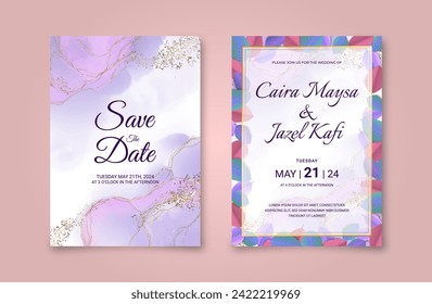 Beautiful wedding invitation card with abstract watercolor background, golden line art, and leaves. Luxury pink and purple marble background