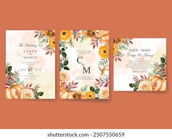 beautiful wedding invitation card with autumn leafs watercolor