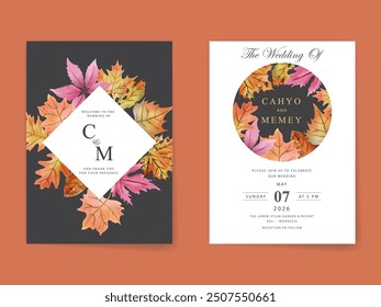 beautiful wedding invitation card with autumn leafs watercolor