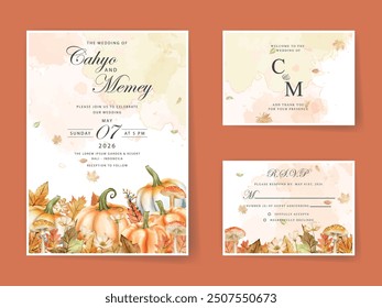 beautiful wedding invitation card with autumn leafs watercolor