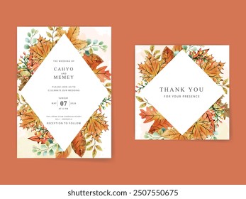 beautiful wedding invitation card with autumn leafs watercolor