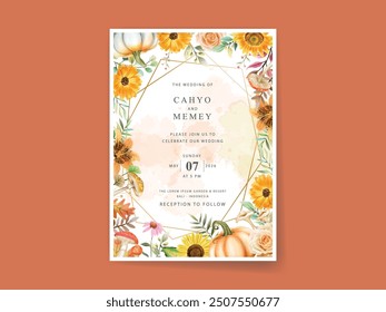 beautiful wedding invitation card with autumn leafs watercolor
