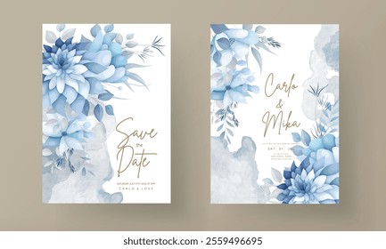 beautiful wedding invitation card with blue flower and leaves