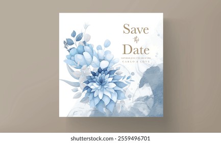 beautiful wedding invitation card with blue flower and leaves