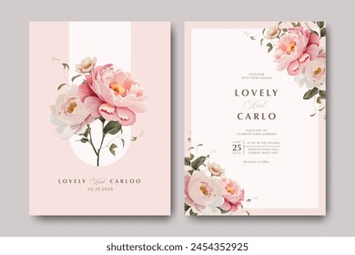 Beautiful wedding invitation card with bouquet peonies flowers