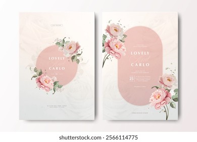 Beautiful wedding invitation card with bouquet peonies flowers