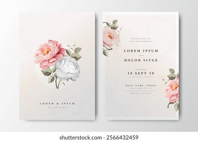 Beautiful wedding invitation card with bouquet peonies flowers