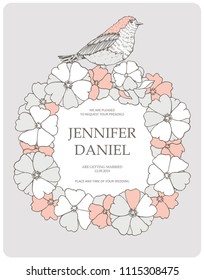 Beautiful wedding invitation card with floral wreath and bird. Place for text. Vector illustration