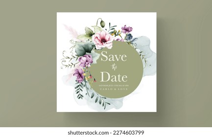 beautiful wedding invitation card with flower and leaves watercolor