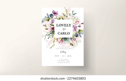 beautiful wedding invitation card with flower and leaves watercolor