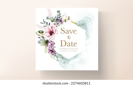 beautiful wedding invitation card with flower and leaves watercolor