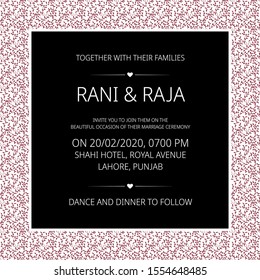 Beautiful wedding invitation card with ornamental decorative border pattern and hand drawn flat simple illustrations design template
