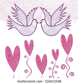 Beautiful wedding invitation card with pigeons. Vector illustration.