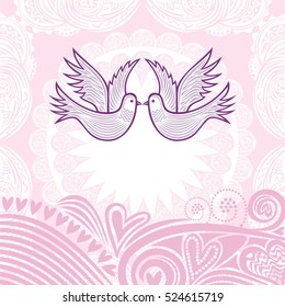 Beautiful wedding invitation card with pigeons. Vector illustration.