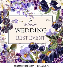 Beautiful wedding invitation card with purple flowers