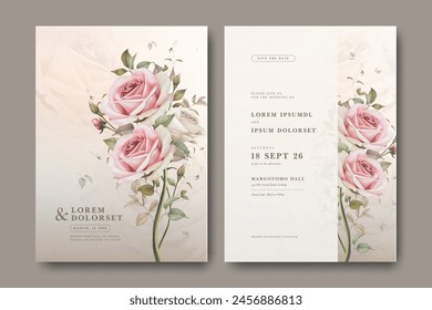 Beautiful wedding invitation card with rose flower bouquet